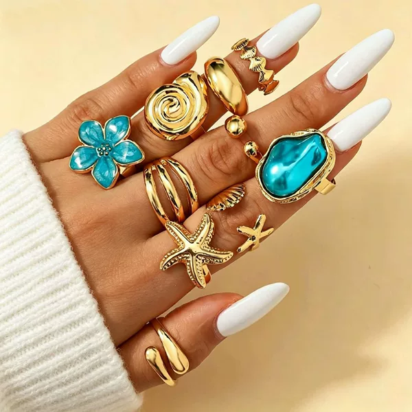 Bohemian vintage starfish open ring for women, European and American style, beach vacation shell adjustable ring