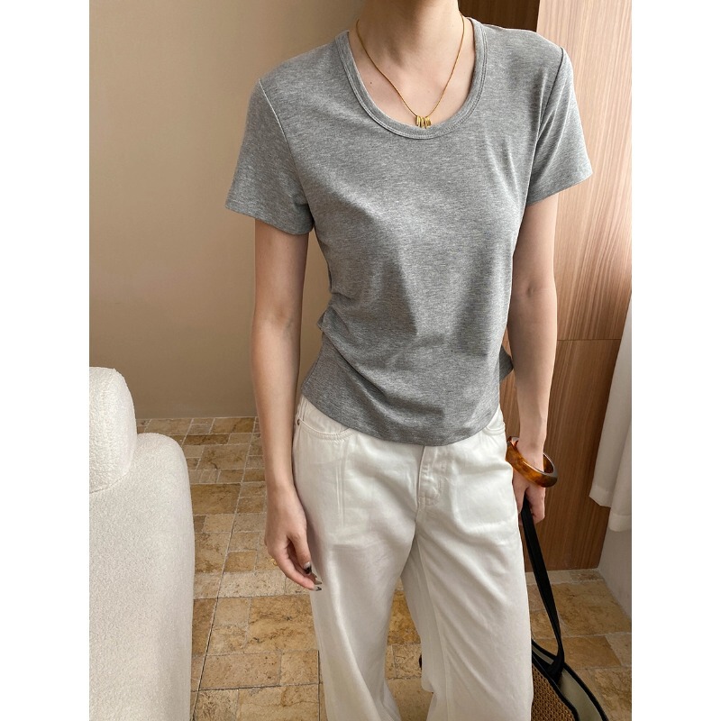 Sinan Summer Small Man Waist Paper U-Neck Design Pleated Waist Slimming Short-Sleeved T-shirt SN7500