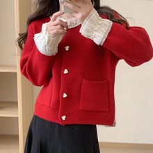 红色毛衣女秋冬新款木耳领钉珠羊毛针织开衫宽松设计感小众上衣