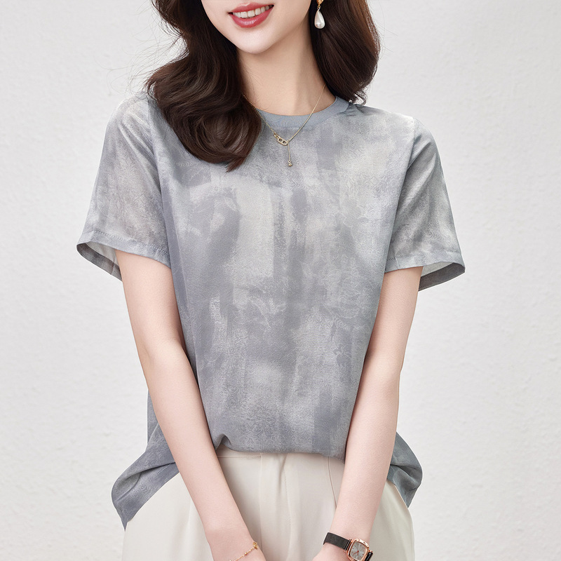 Hangzhou Silk Crepe De Chine Short-Sleeve Shirt for Women 2026 New Summer Round Neck Thin Silk Stylish T-Shirt