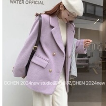 切糕自制妮子小个子秋冬女百搭短款毛呢外套紫色西装上衣呢子大衣