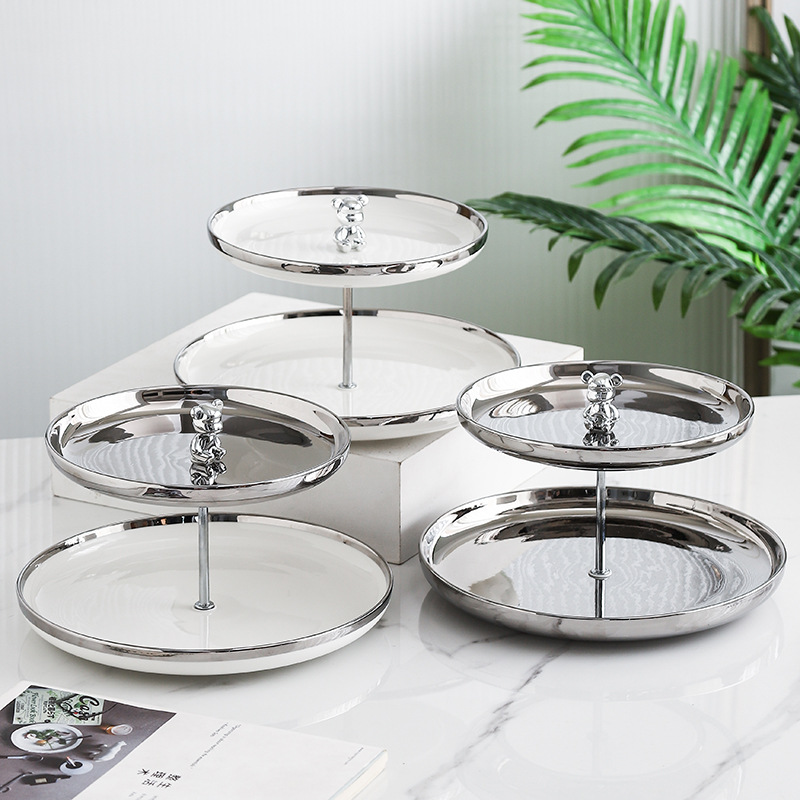 Oso borde de plata placa de cadena de múltiples capas de luz de lujo decorativo plato de fruta seca mesa de postre snack rack sala de estar vestíbulo mesa de café plato de fruta