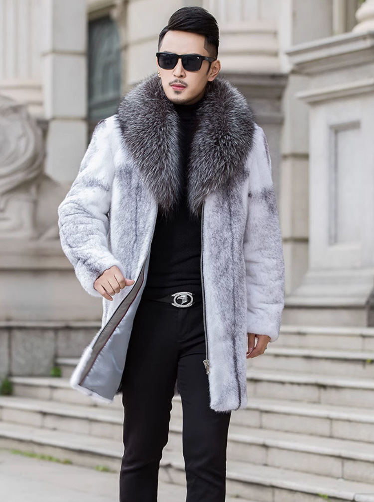 Mens Mid-length Mink Coat Full Mink Fox Fur Collar Coat Fur Casual
