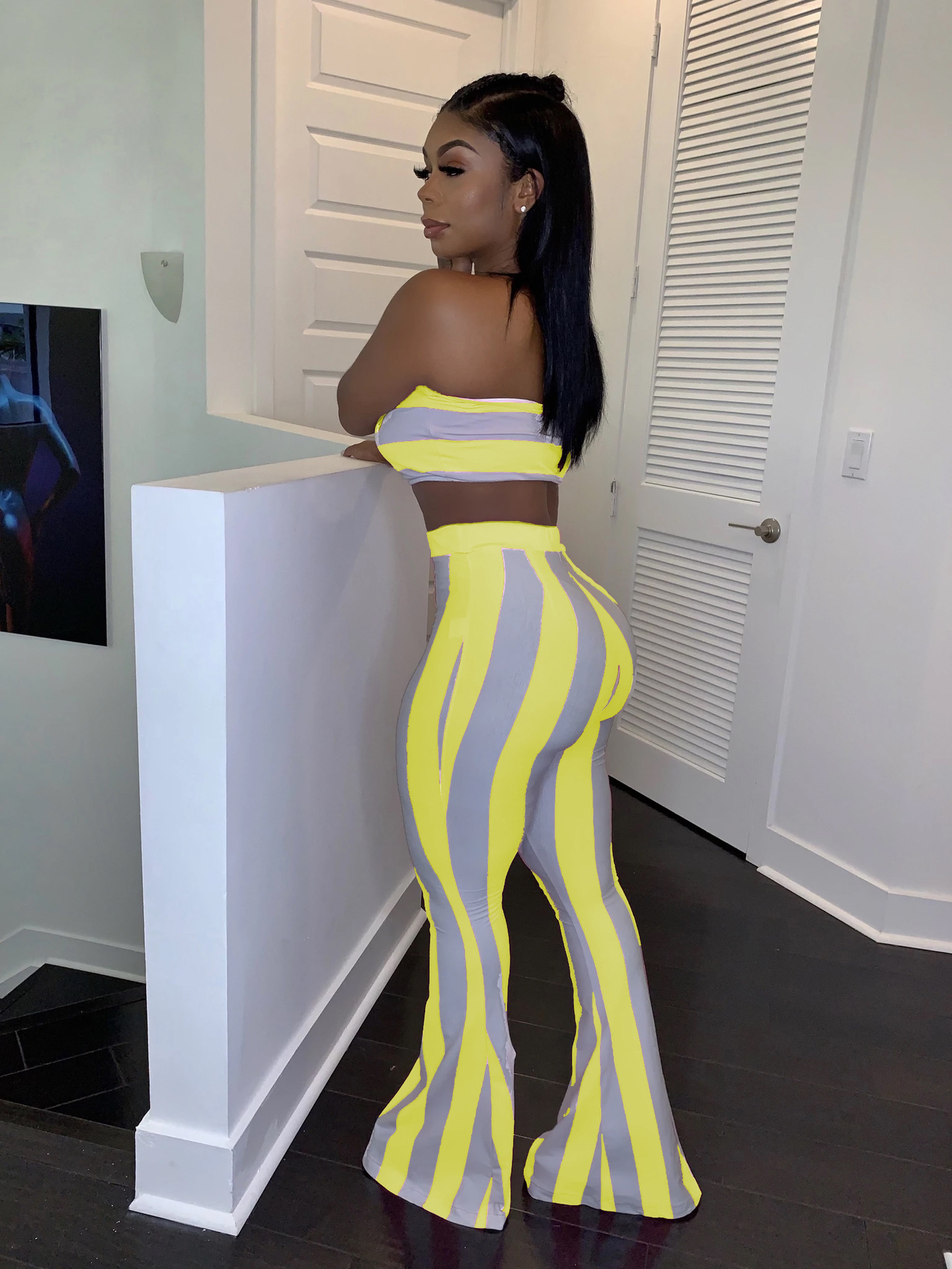 Damen Bandeau Oberteil Und Schlaghose Im Streifenlook Set_voghion.com