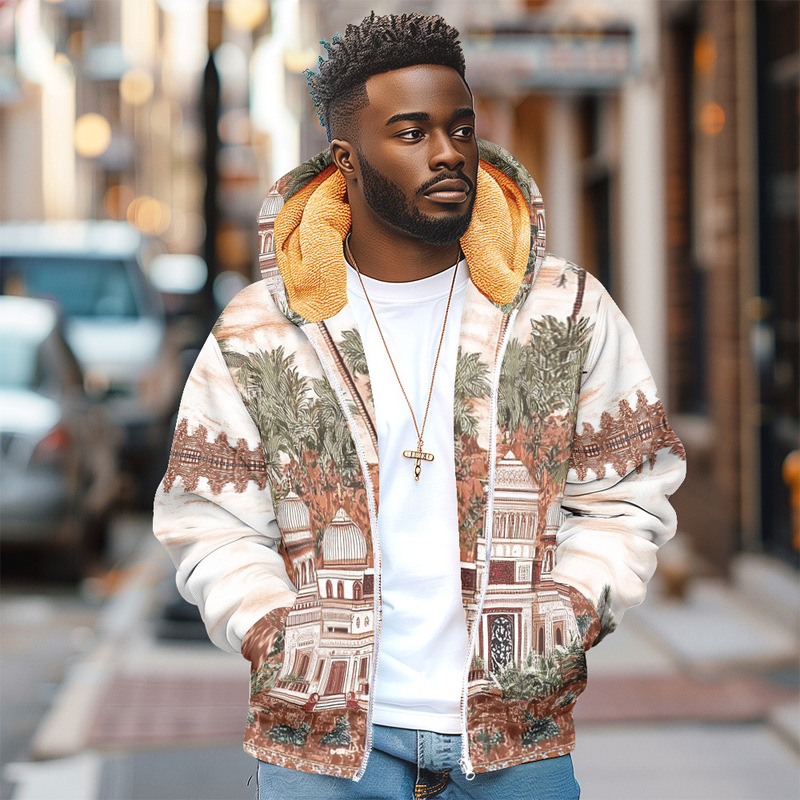 Men's Zip-Up Hoodie, Winter Thick Parka Coat, Ethnic Tribal Pattern Jacket, Windbreaker, Sweatshirt, Outerwear