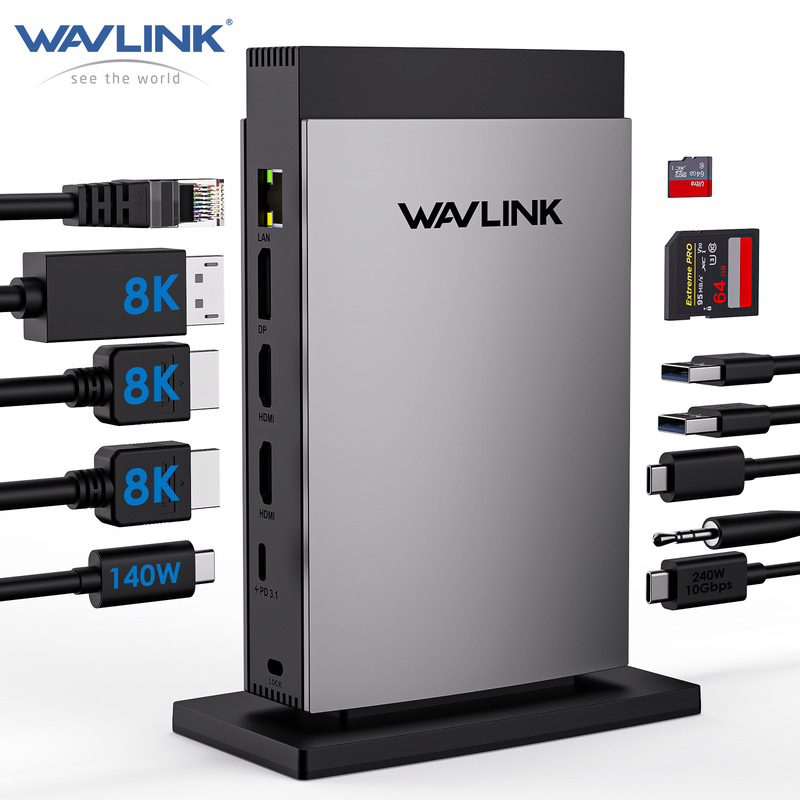WAVLINK Dual 8K HDMI 8K Display Port with PD3.1 140W Charging 11 in 1 USB C Docking Station