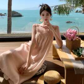 新款法式粉色度假风吊带连衣裙女气质长裙子图片色针织面料