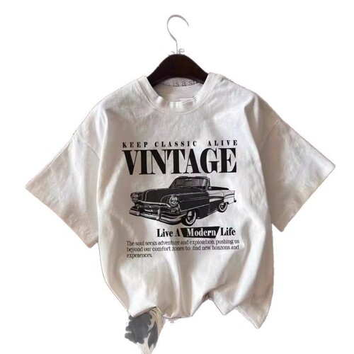 Cross-border Amazon Hot Women's Casual Retro Car Print White Loose Pullover Short Sleeve T-shirt New