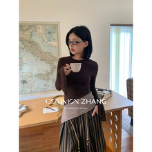 CZ ZHANG秋冬喇叭袖撞色拼接针织衫女通勤长袖T恤打底衫 B40098