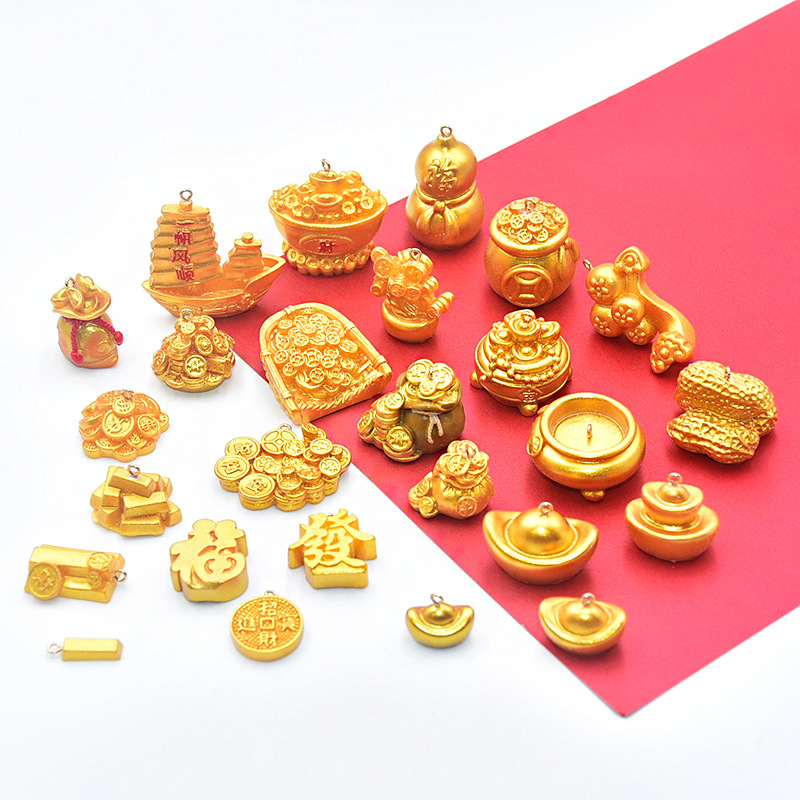 新年树脂工艺微景观新年装饰金色元宝葫芦發帆船diy配件摆件挂件