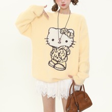 甜美可爱慵懒风Kitty凯蒂猫圆领毛衣女秋冬宽松仿水貂套头针织衫