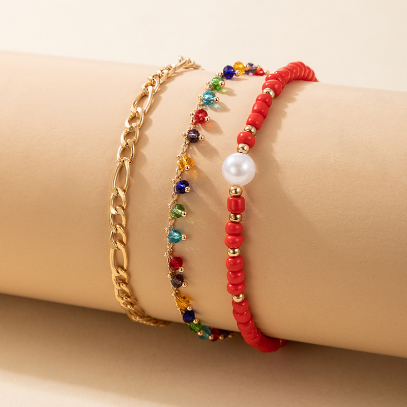 Ethnic Style Foot Decoration Color Beaded Pearl Three-layer Anklet Metal Chain Multi-layer Anklet display picture 2