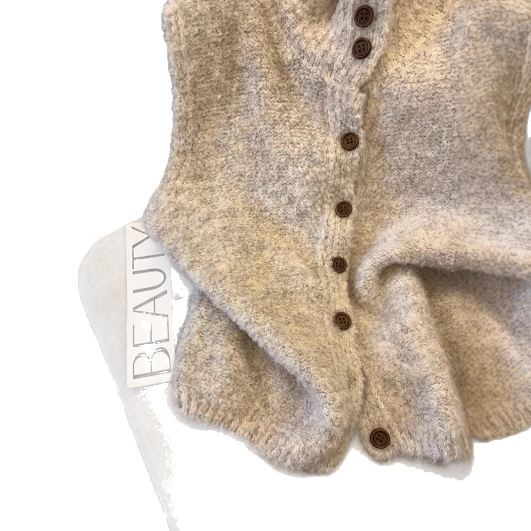 Apricot Soft Waxy Knitted Vest Cardigan for Women Autumn and Winter New Korean Style Loose Stand-Up Collar Sleeveless Sweater Vest Jacket Trendy