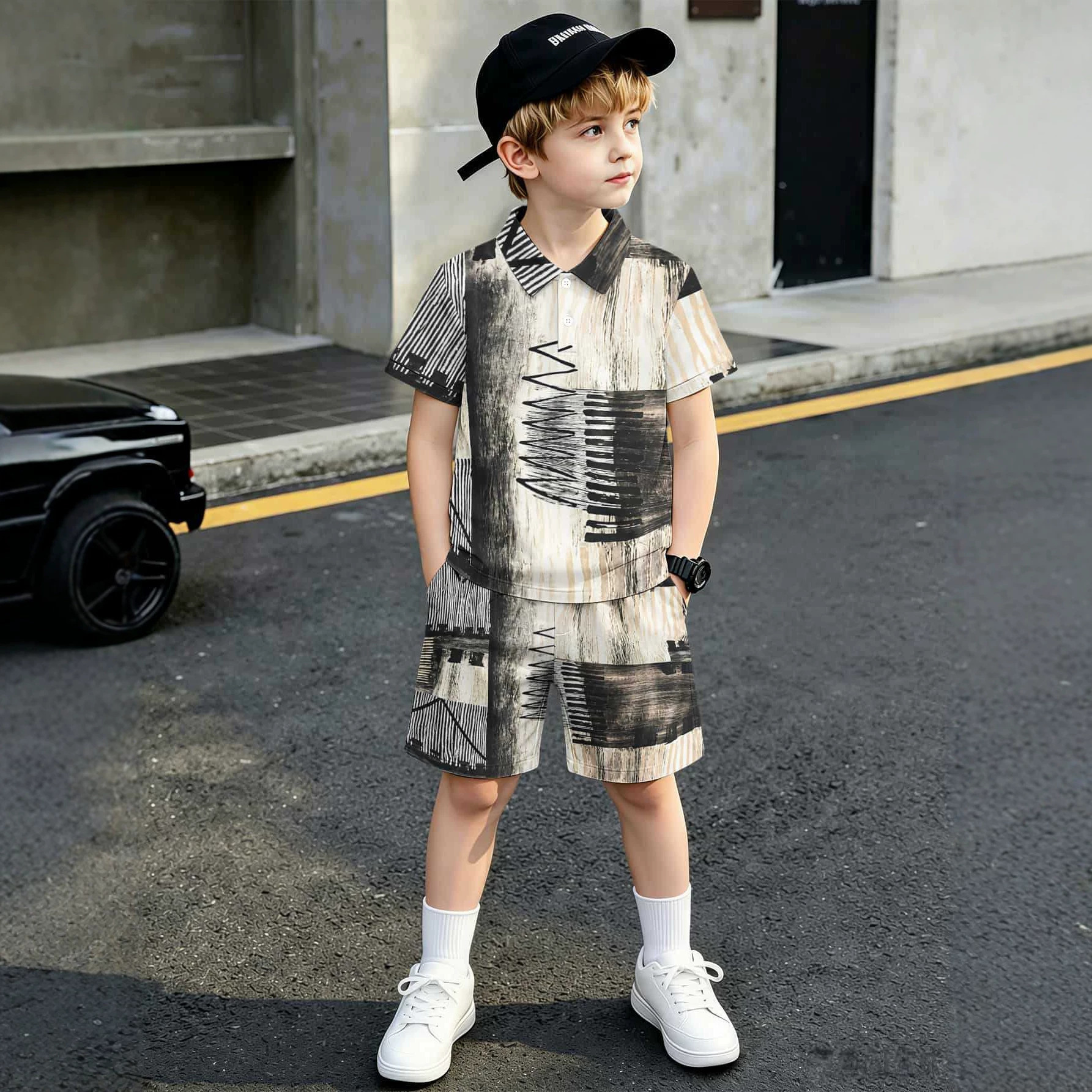 Polo Shirt With 3D Print, European American Style, Boys' Collared T-Shirt And Shorts, Popular Two-Piece Set,_voghion.com