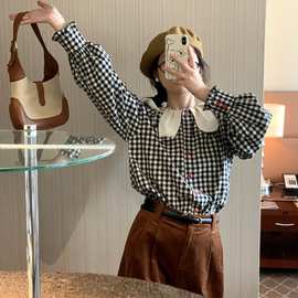 美院新生原创艺术花瓣领设计感日系复古格子衬衣叠搭