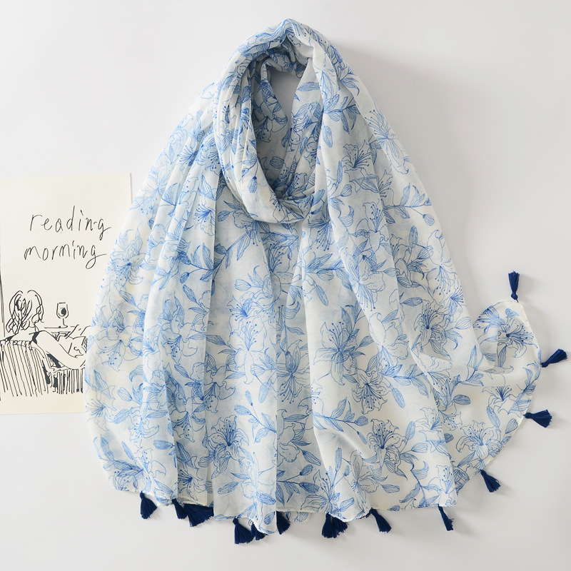 Comercio exterior Venta caliente fina de algodón y lino sentir bufanda de las mujeres elegante todo fósforo floral protector solar bufanda de viaje al aire libre Toalla de playa