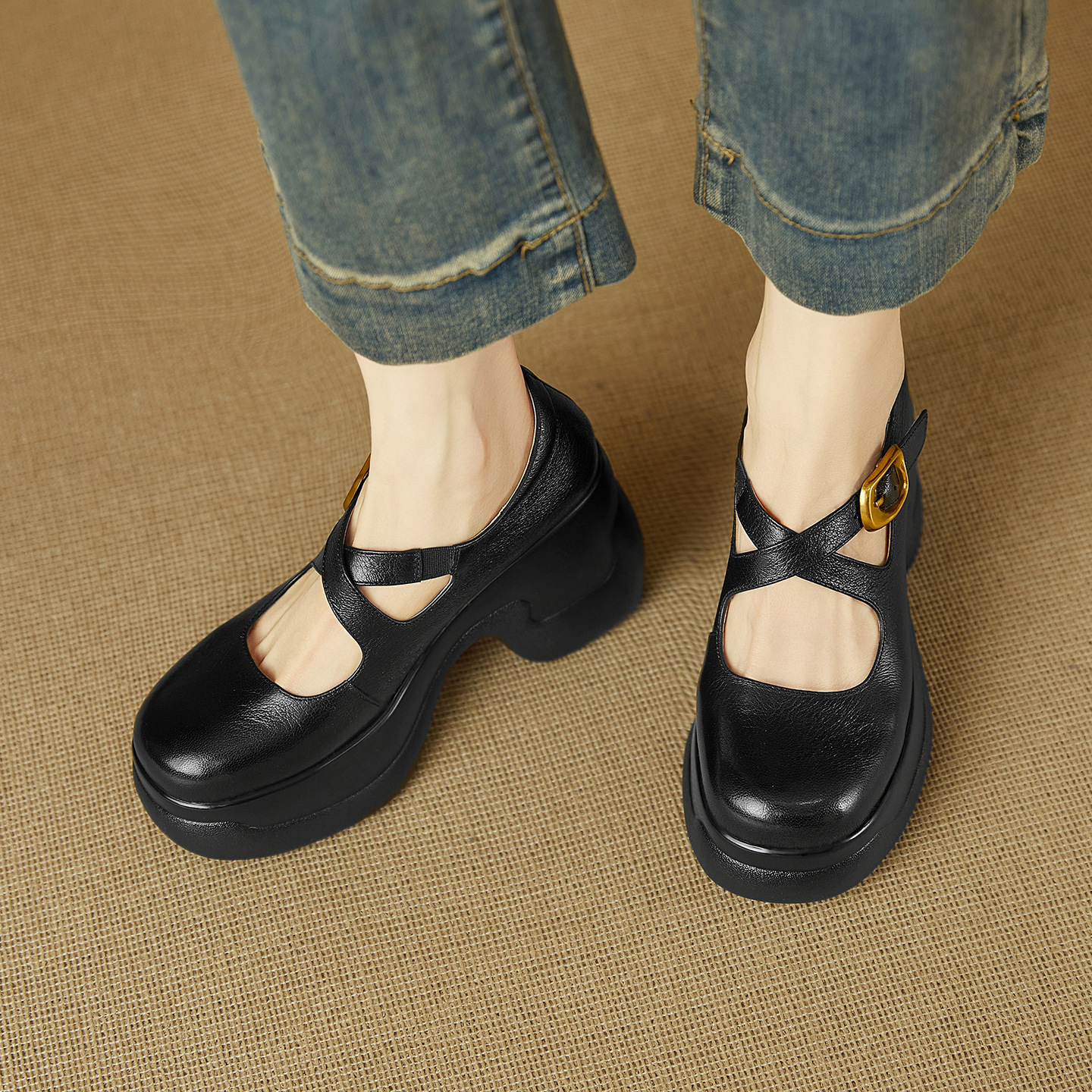 Giày cao gót Mary Jane nữ mũi tròn da cừu khóa chéo gót 9 cm — đen