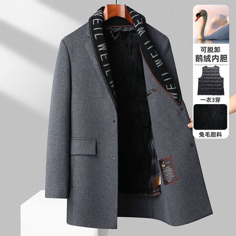Autumn/Winter Scarf Style Rabbit Fur and Goose Down Lined Thick Mid-Length Double-Faced Wool Coat for Middle-Aged and Young Men