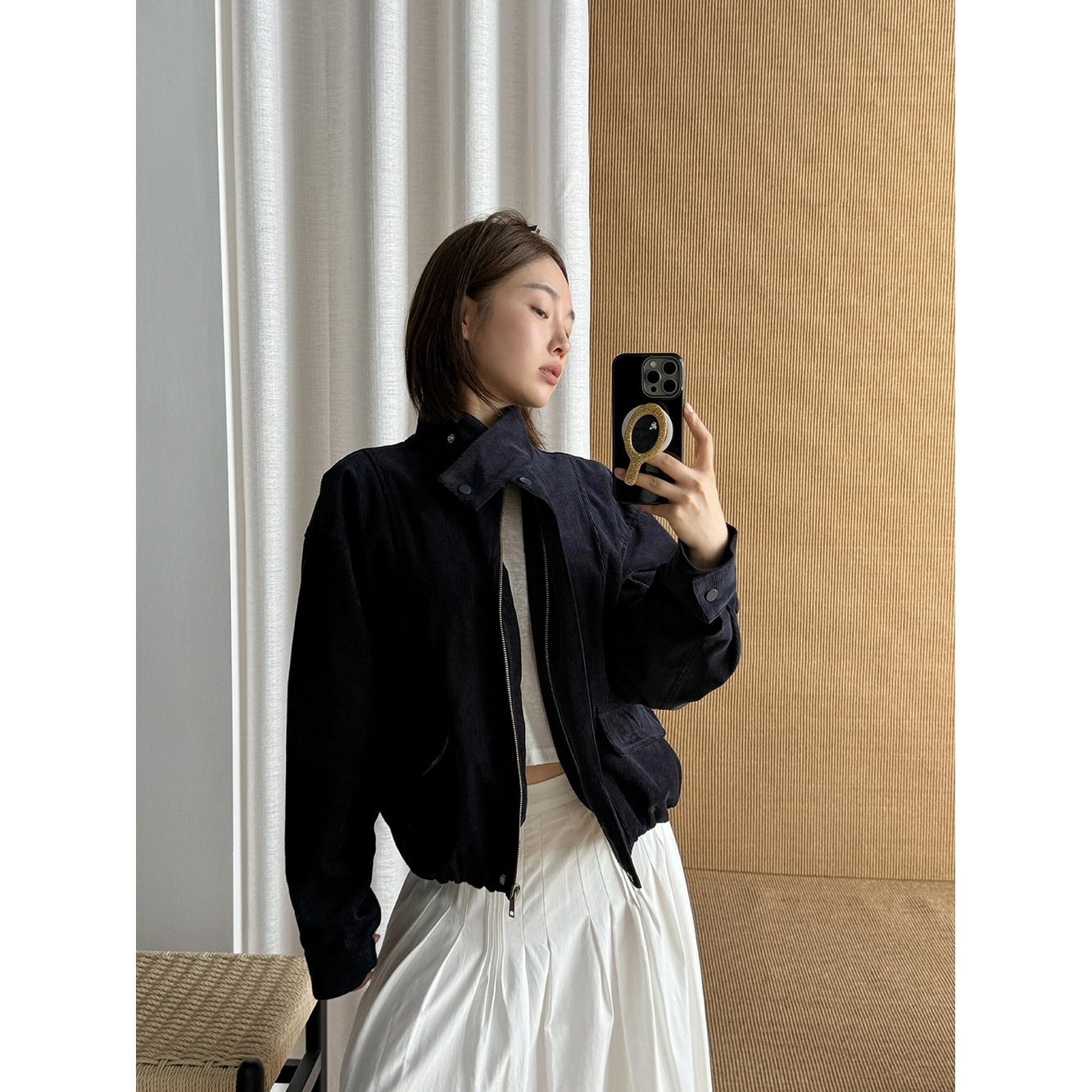 【王琪芝】复古灯芯绒翻领夹克女秋冬时髦休闲宽松拉链外套WQ392