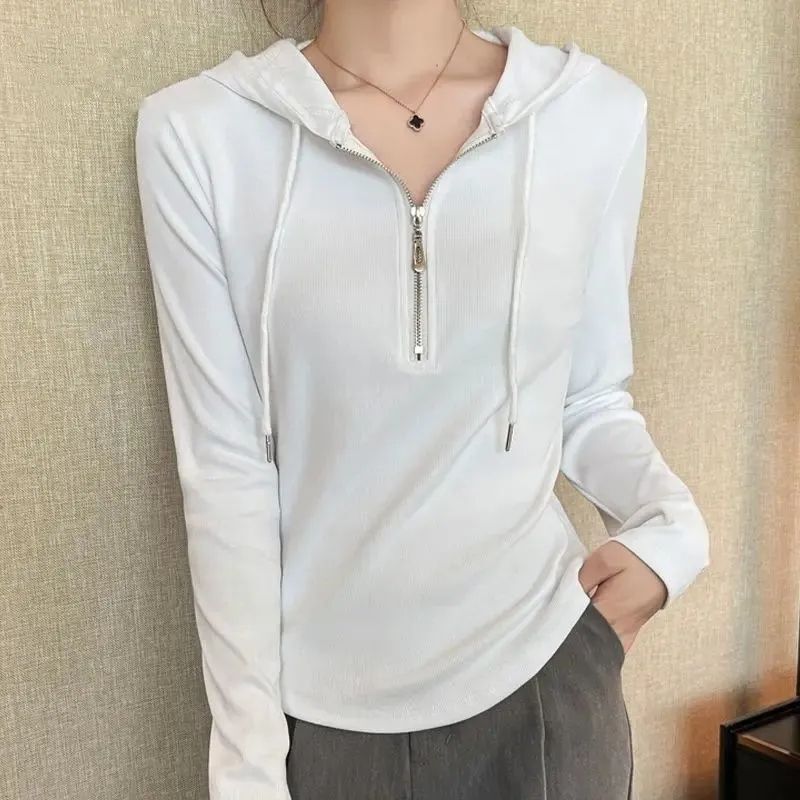 92% Cotton Design Zipper Hooded Sweatshirt Long-Sleeved T-Shirt Women's Slim Slim Casual New Fashion White Top Trendy