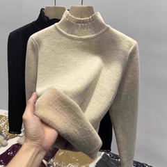 半高领加绒加厚毛衣女2025秋冬新款蕾丝边一体绒针织衫洋气打底衫