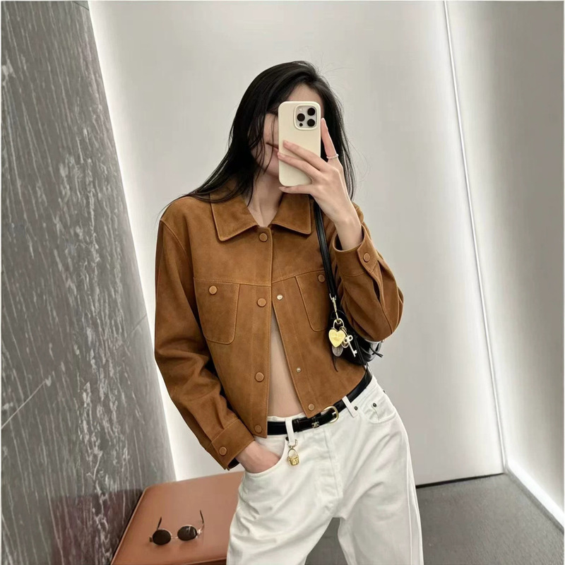 2026 Autumn New Genuine Leather Suede Sheepskin Fashionable Leather Jacket Women's Short Casual Shirt Jacket 2026 Autumn New Genuine Leather Suede Sheepskin Fashionable Leather Jacket Women's Short Casual Shirt Jacket