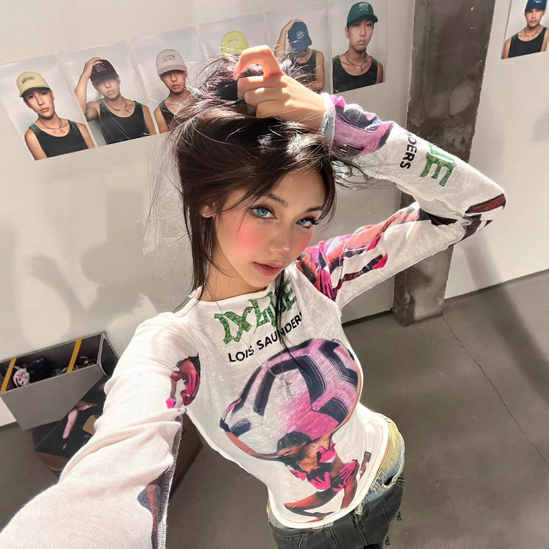 Ix Blue Abstract Colorful Modern Printed Football Girl Low Pixel Slightly See-Through Cool Base Sunscreen Long-Sleeved T-Shirt