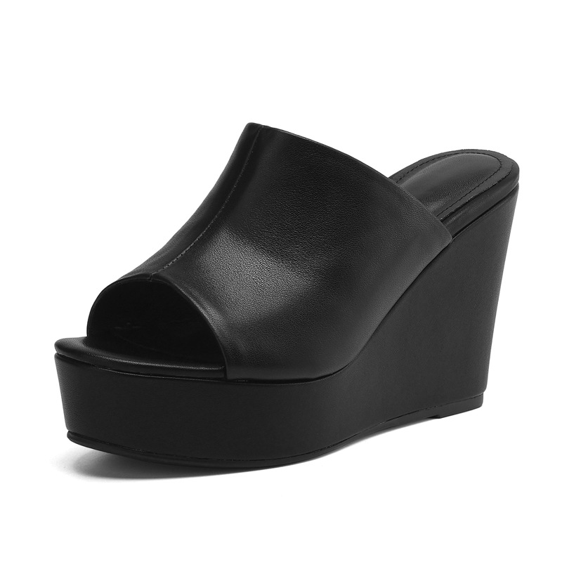 Sandal cao gót đế xuồng nữ hở mũi quai ngang gót 10 cm — Đen [da cừu]
