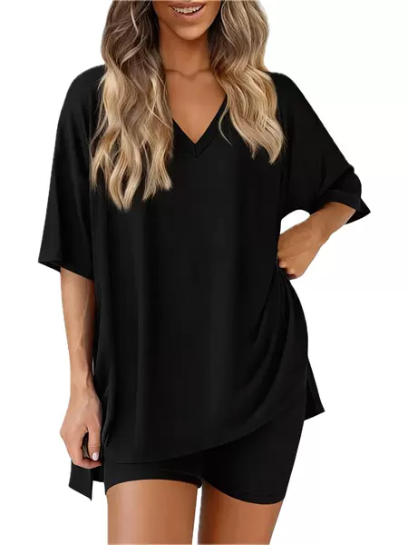 2026 Summer New Cross-Border European and American Amazon Foreign Trade Fashion Casual V-Neck Solid Color Loose Pajama Set