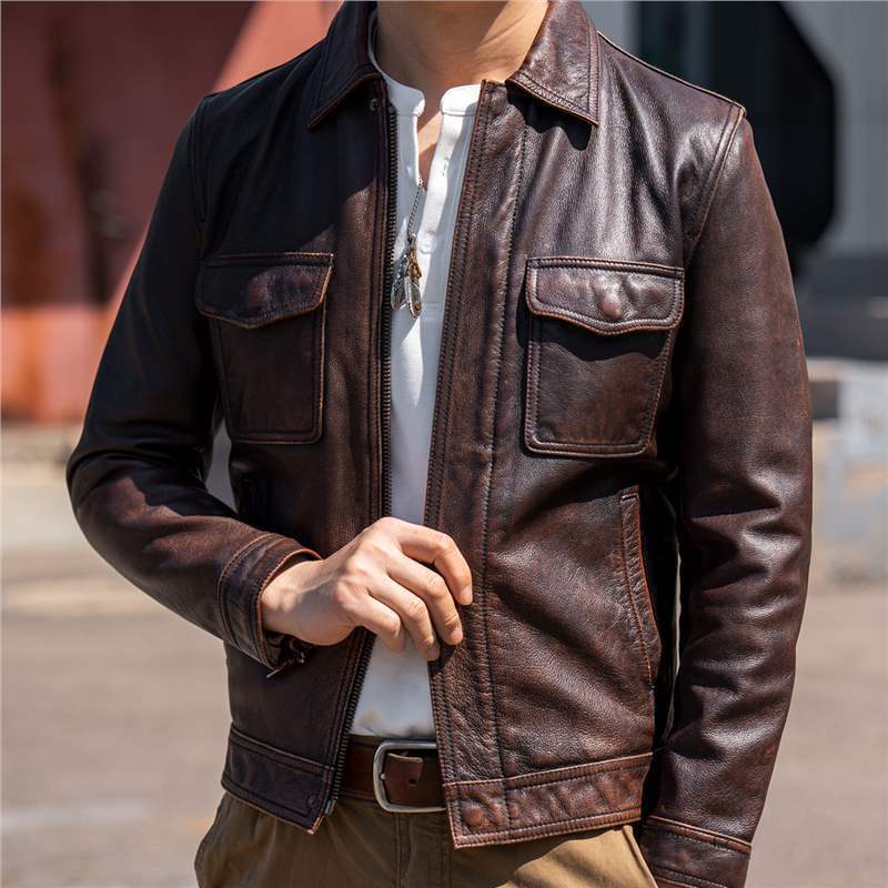 American Retro Khaki Genuine Leather Jacket Men's Cowhide Textured Lapel Biker Short Slim Fit Jacket Trendy Men