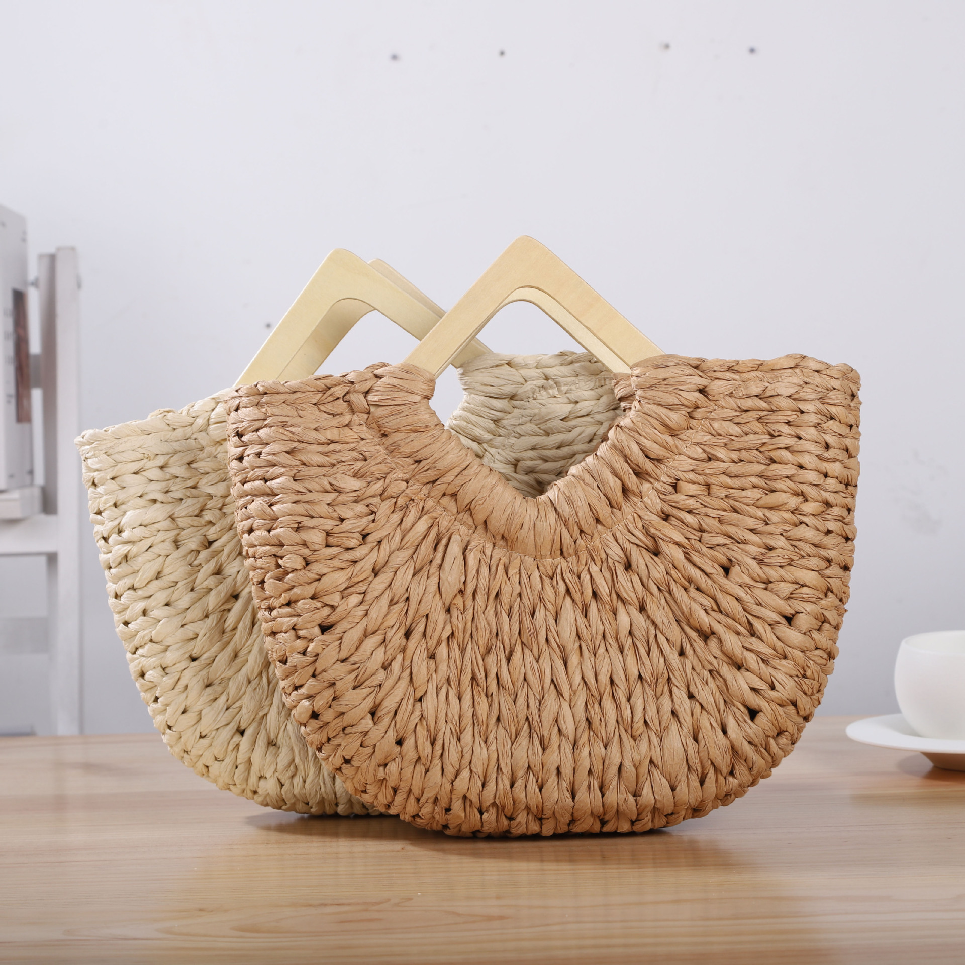 Bolso cesta de almacenamiento, bolso de mano de ratán, bolso de hombro tejido, ratán natural y hierba marina hechos a mano, ribete de cuero, ecológico, ligero, duradero para uso diario_voghion.com