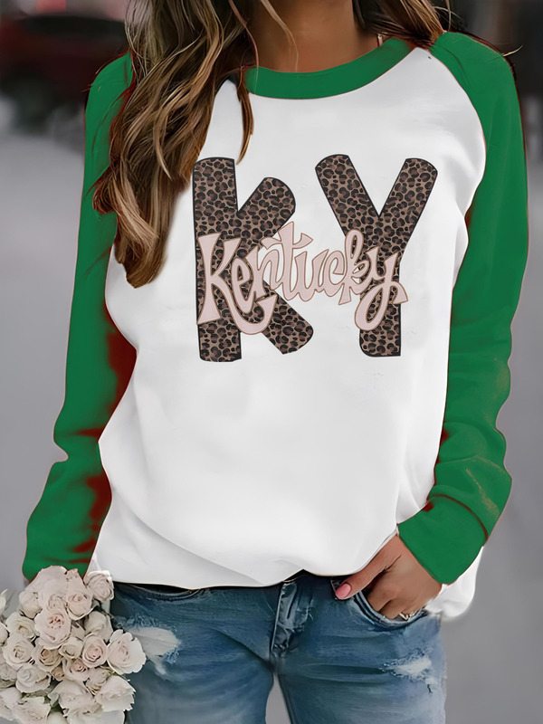 Women's Kentucky Leopard Print Raglan Sleeve Crewneck Sweatshirt - Green and White Contrast Color Casual Pullover, Spring