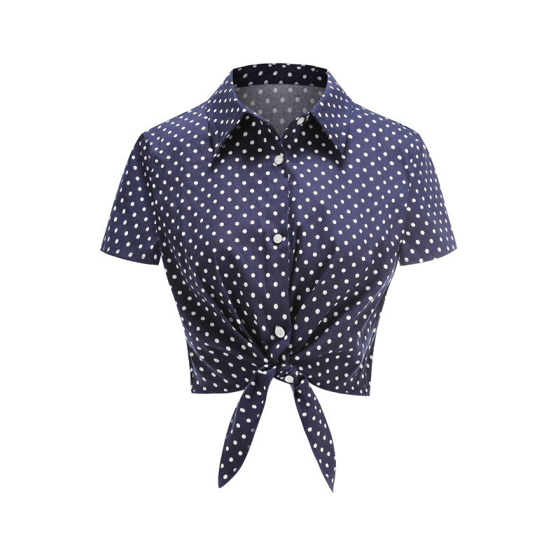 European and American Style Spring New Polka Dot Single-Breasted Short-Sleeved Slim-Fitting Waist-Cinching Top Women's Shirt European and American Style Spring New Polka Dot Single-Breasted Short-Sleeved Slim-Fitting Waist-Cinching Top Women's Shirt