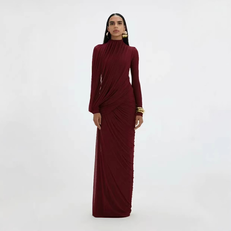 26 Early Spring Vietnamese Niche Design Gigi-Style Asymmetrical Draped Pleated Waist-Cinching Gown Dress Long Skirt