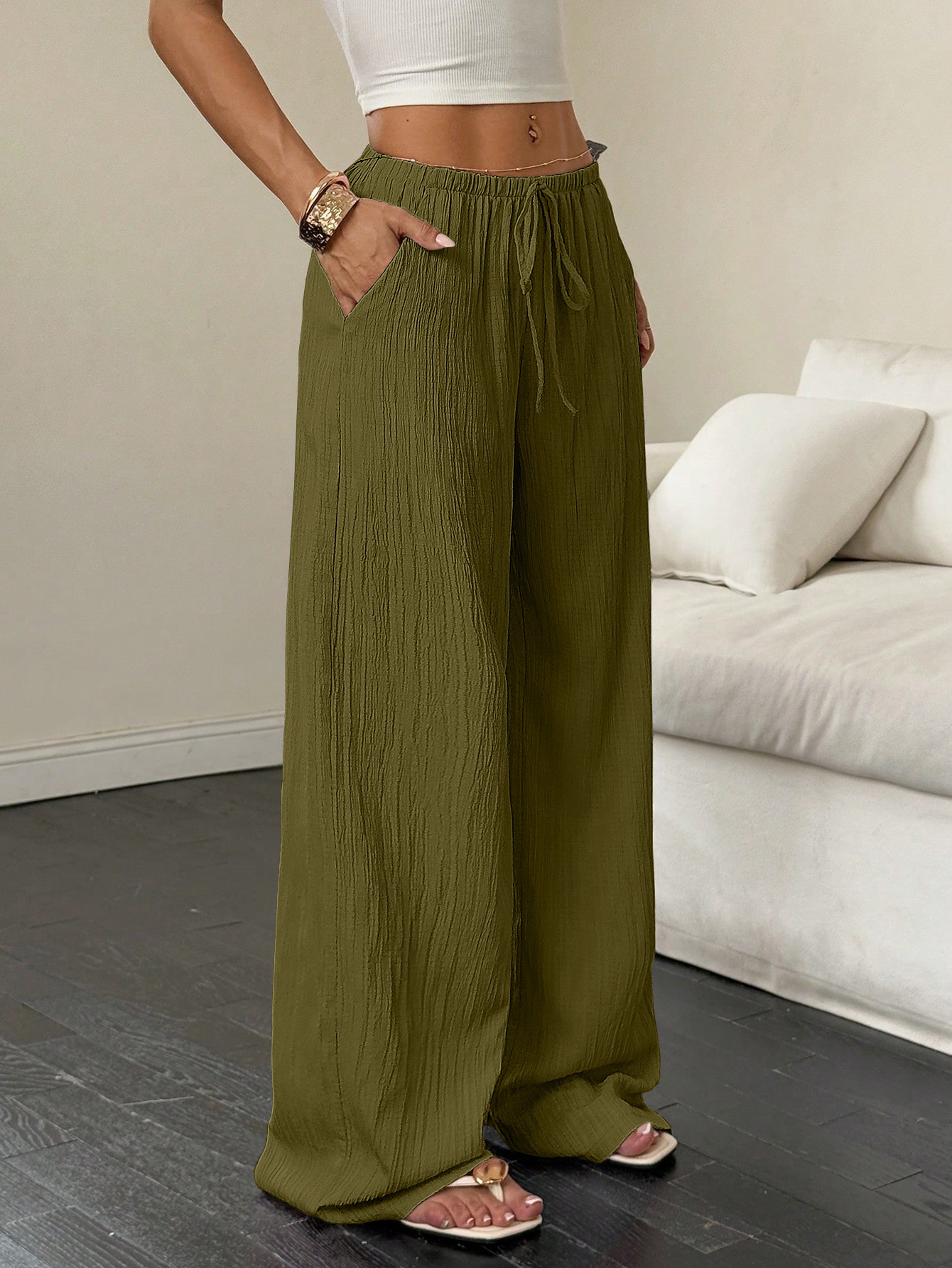 Damen Weithosen Freizeithose Mit Knotentaille Strukturstoff_voghion.com