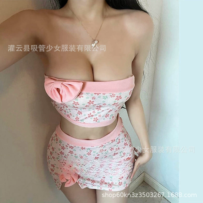 吸管少女 Tube top, cute mini-skirt with bow, sexy pijama, floral print