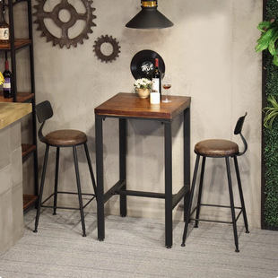 Wrought Iron High Table, Solid Wood Small Square Table, Bar Table, Booth, Home Bar Table and Chairs, Cafe Milk Tea Shop Table and Chairs