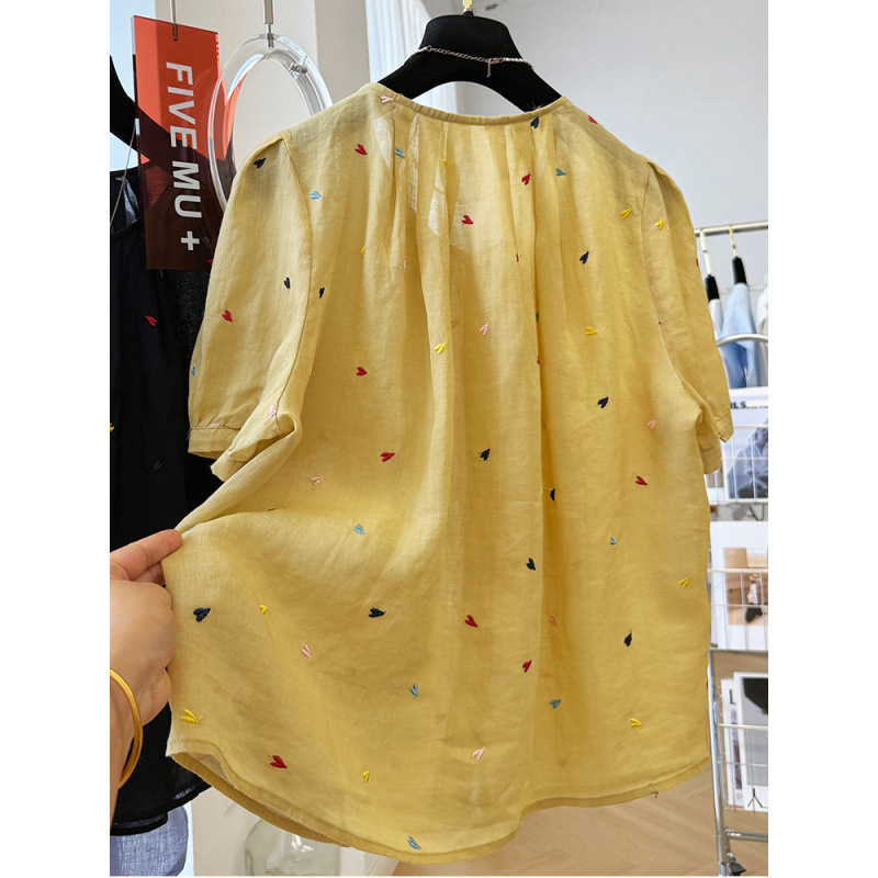 韓国の重工業刺繍小さなラブハートラウンドネック半袖シャツ女性の夏の気質シャツ超見栄えの良い薄いラミートップ|undefined