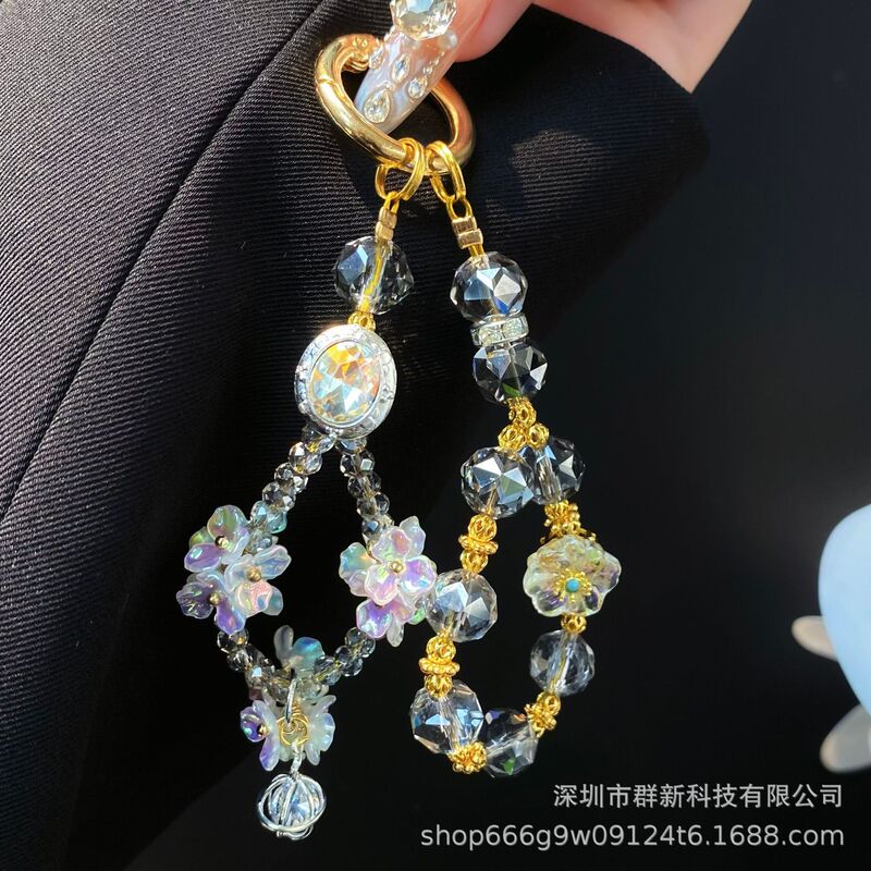 重工nv琉璃花水晶串珠diy挂件 爆闪宝石双链可拆挂饰手机包包挂链|undefined