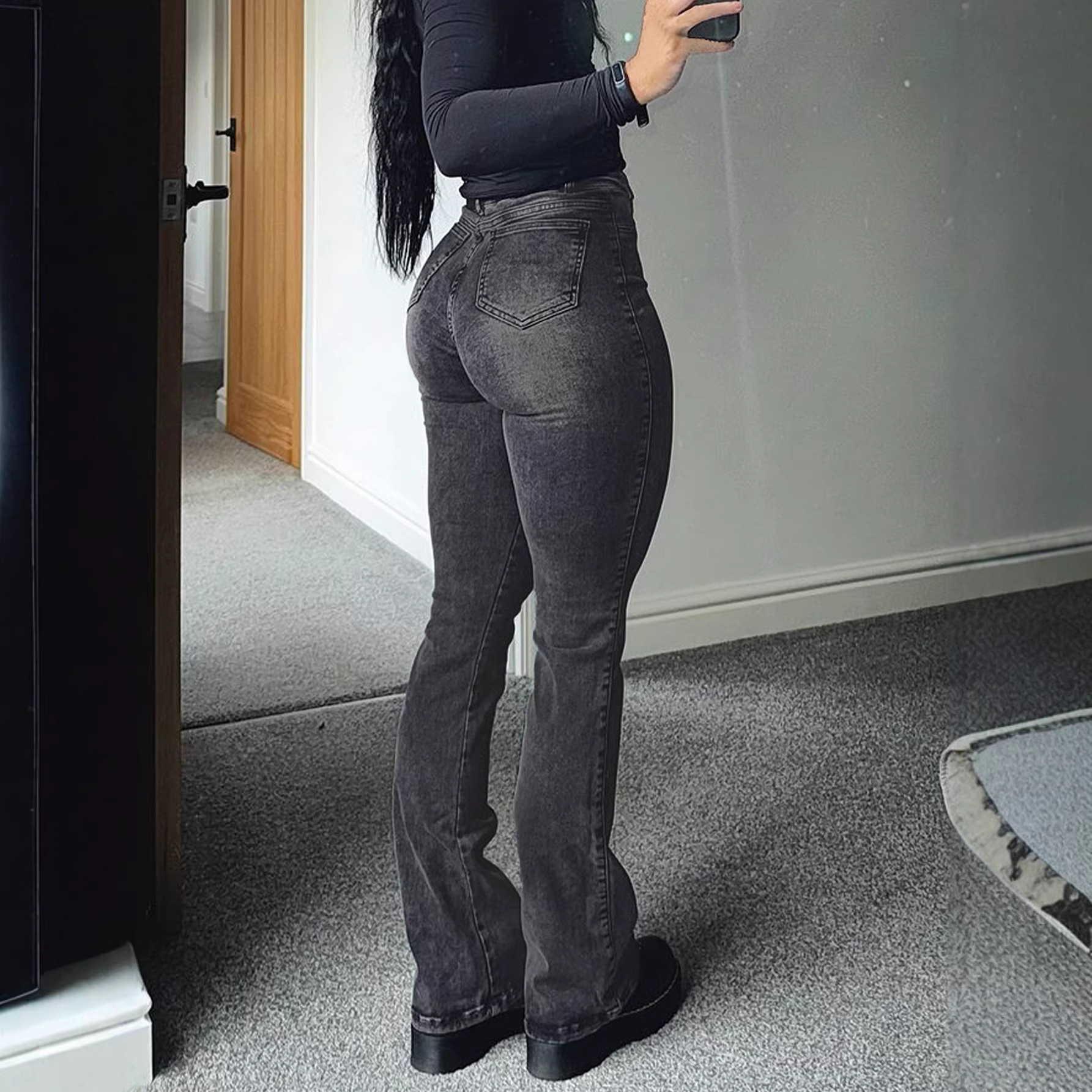 Women's Stretch Flared Jeans - Slimming Gray Denim Pants With Vintage Wash & Bootcut Silhouette, High-Street Fashion Trousers_voghion.com