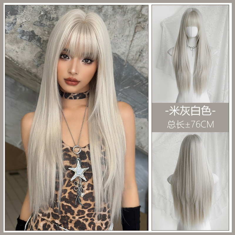Cross-Border Hot-Selling Korean and Japanese Style Long Straight Hair Golden Wig with Full Bangs, Synthetic Fiber Full Head Wig, Natural and Realistic