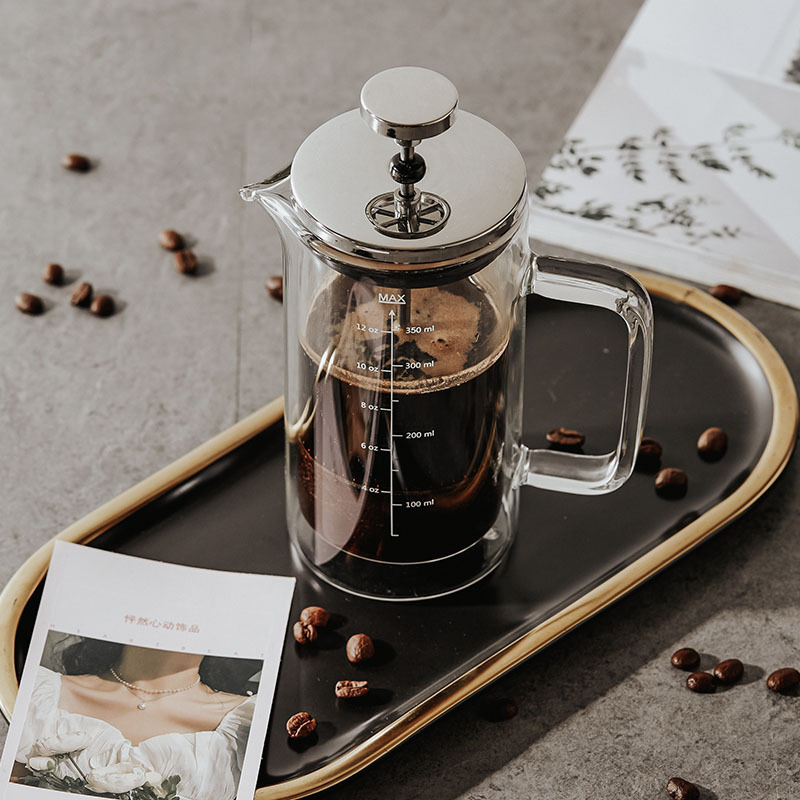 Cross-Border Double-Layer Coffee French Press Pot with Scale for Home Coffee Brewing and Filtering Equipment Heat-Resistant Moka Hand-Brewed Coffee Pot