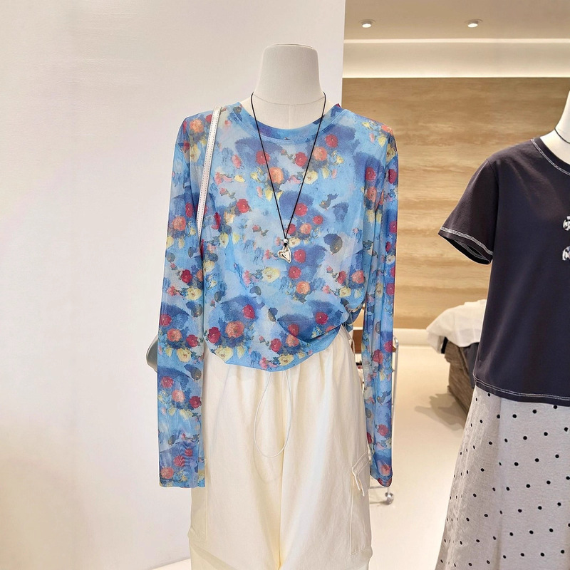 Extra Large Size 120kg Summer Korean Style Versatile Watercolor Floral Mesh Sun Protection Clothing Thin Round Neck Long-Sleeved Loose T-Shirt Top
