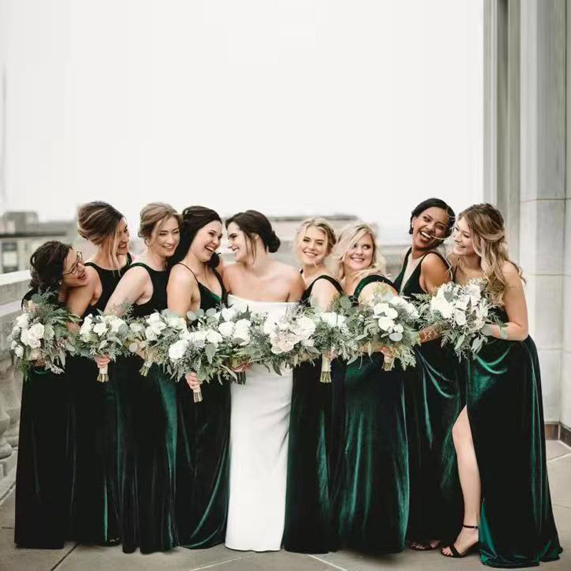 Europa y América Comercio Exterior Amazon AliExpress deseo vestido de novia terciopelo verde largo piso de longitud vestido de dama de honor