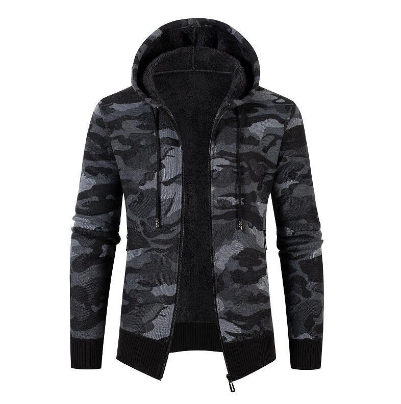 Autumn and Winter New Foreign Trade Men's Fleece-lined Knitwear Camouflage Printed Jacket Slim-fit Hooded Clothes European and American Sweater