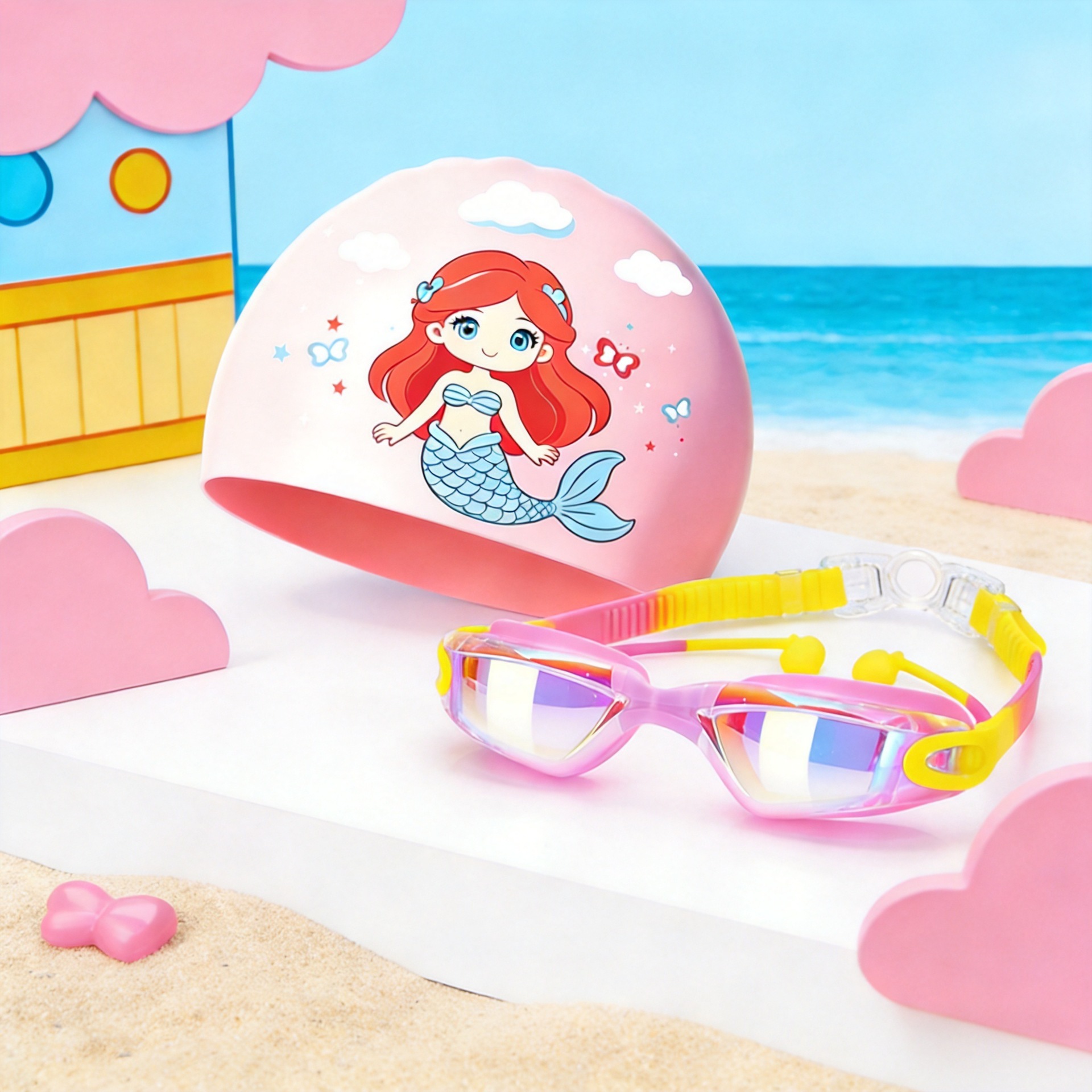 Sombrero de baño de silicona para niños, gafas de baño para niños, cabello largo impermeable para los oídos, gorra de dibujos animados lindos