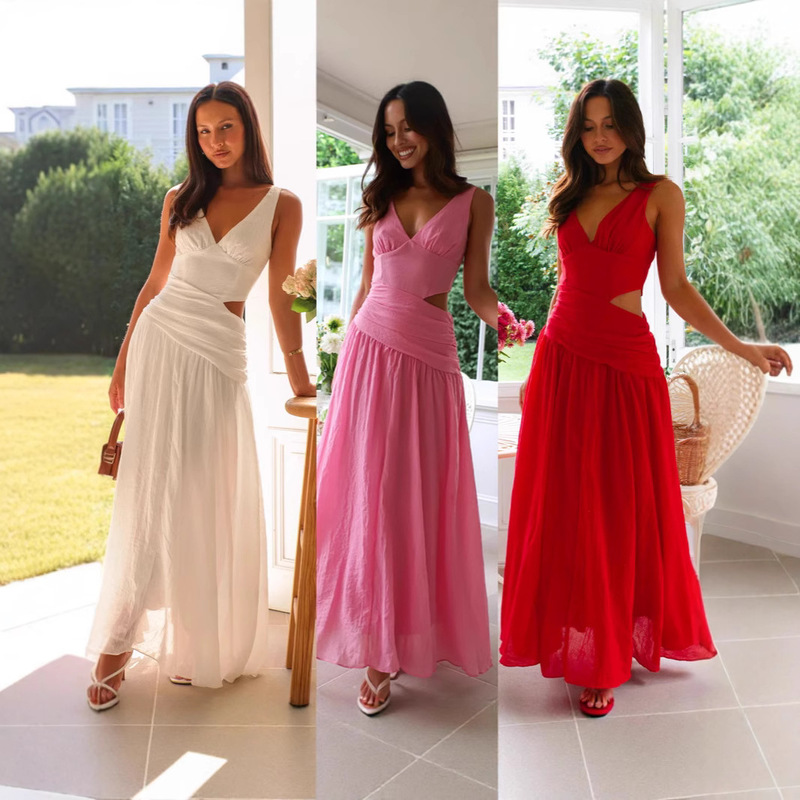 Cross-border European and American Amazon 2025 New V-neck Sleeveless Solid Color Stitching Sexy Long dress