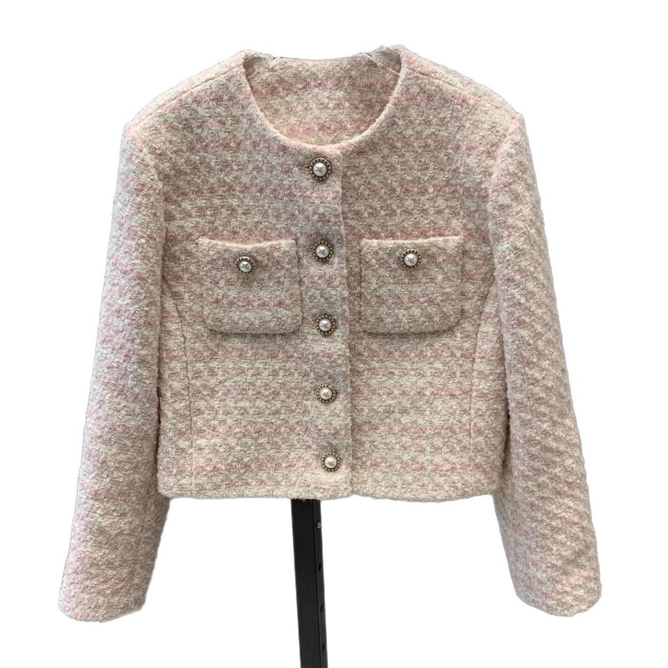 Áo khoác cardigan nữ dệt kim dáng ngắn cổ tròn cài khuy ngọc trai tay dài — Màu hồng (bán trực tiếp tại nhà máy)