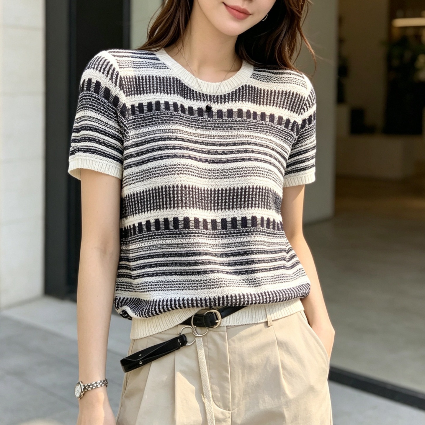 新款法式复古提花短袖针织衫正肩t恤女装设计感休闲百搭显瘦上衣