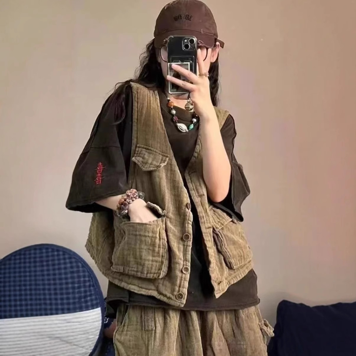 샌드 워시 린넨 올드 조끼 여자 2025 봄 뉴 루즈 올매치 대형 포켓 V 넥 카디건 작업복
